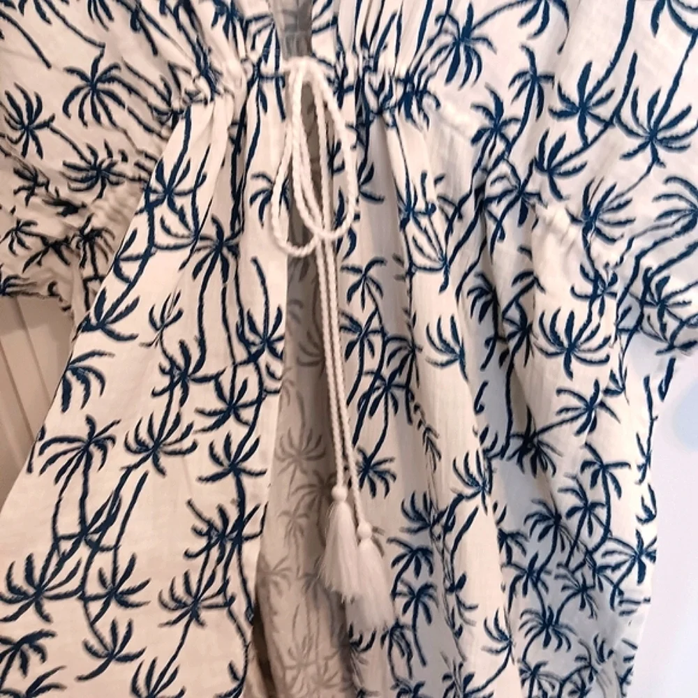 Splendid Tropic Veil Coverup Cream/Dark Teal Cotton Gauze Palms Print Tassel Tie